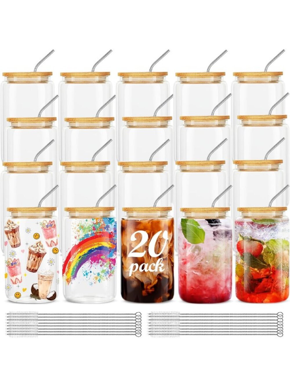 20Pcs Reusable Glass Cups with Bamboo Lids & Straws - 16Oz Tumblers for Coffee
